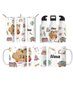 Pastel Okul İkonları İsimli Termos Matara Bardak Özel Set