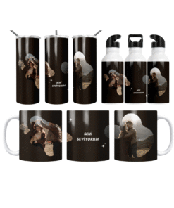 Koyu Kahve Organik Çerçeve Seni Seviyorum Termos Matara Bardak Özel Set