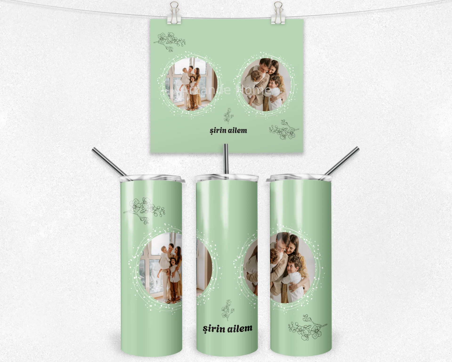 Şirin Ailem Nane Yeşili Halka Çerçeve Termos Matara Bardak Özel Set - Görsel 4