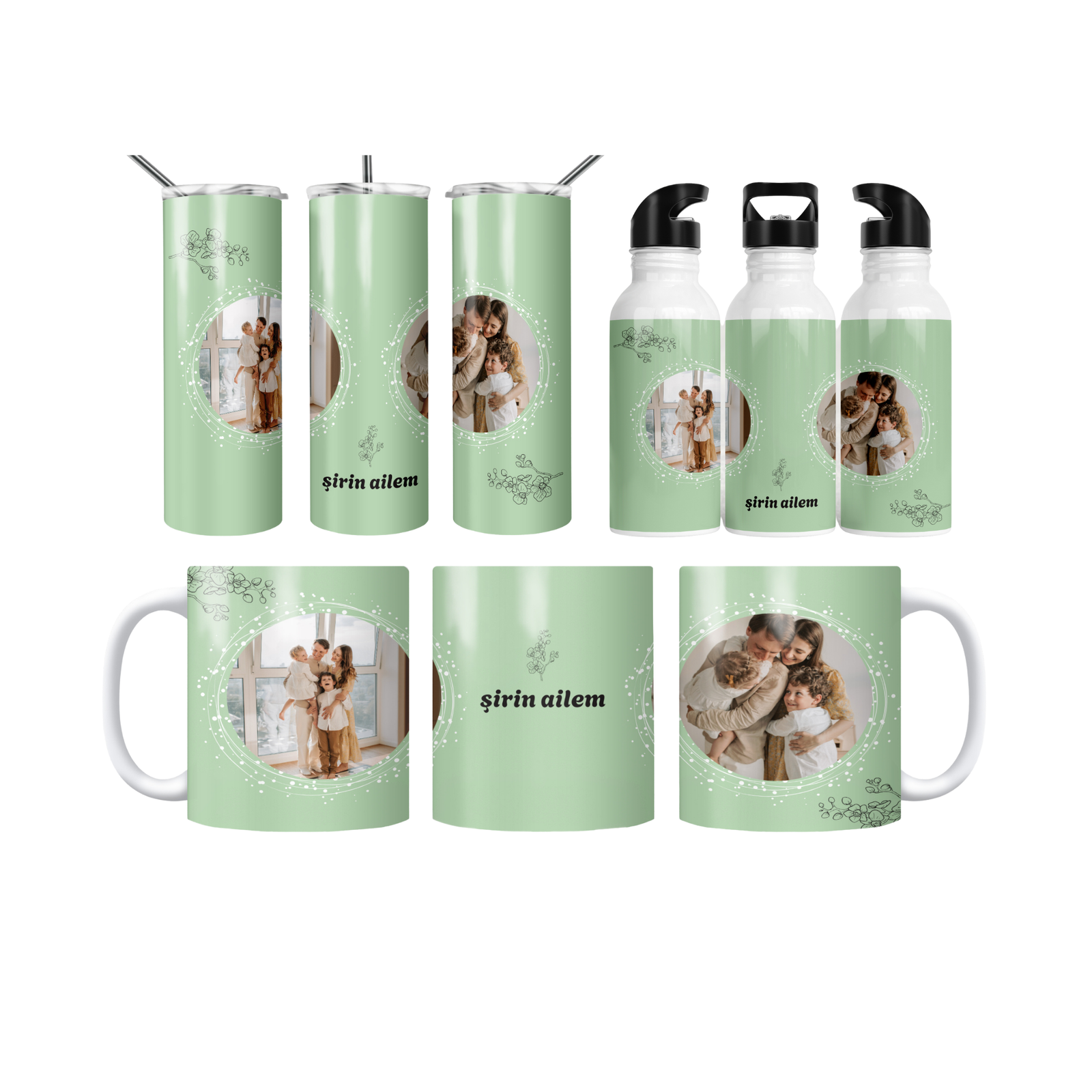 Şirin Ailem Nane Yeşili Halka Çerçeve Termos Matara Bardak Özel Set
