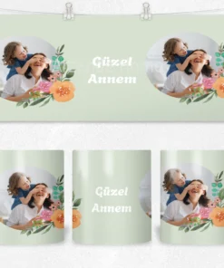 Alternative view of Güzel Annem Akvarel Çiçek Çift Fotoğraflı Termos Matara Bardak Özel Set