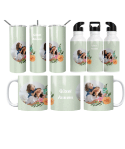 Güzel Annem Akvarel Çiçek Çift Fotoğraflı Termos Matara Bardak Özel Set