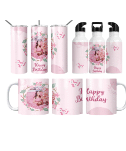 Pembe Çiçek Çelengi Happy Birthday Termos Matara Bardak Özel Set