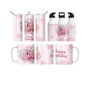 Pembe Çiçek Çelengi Happy Birthday Termos Matara Bardak Özel Set