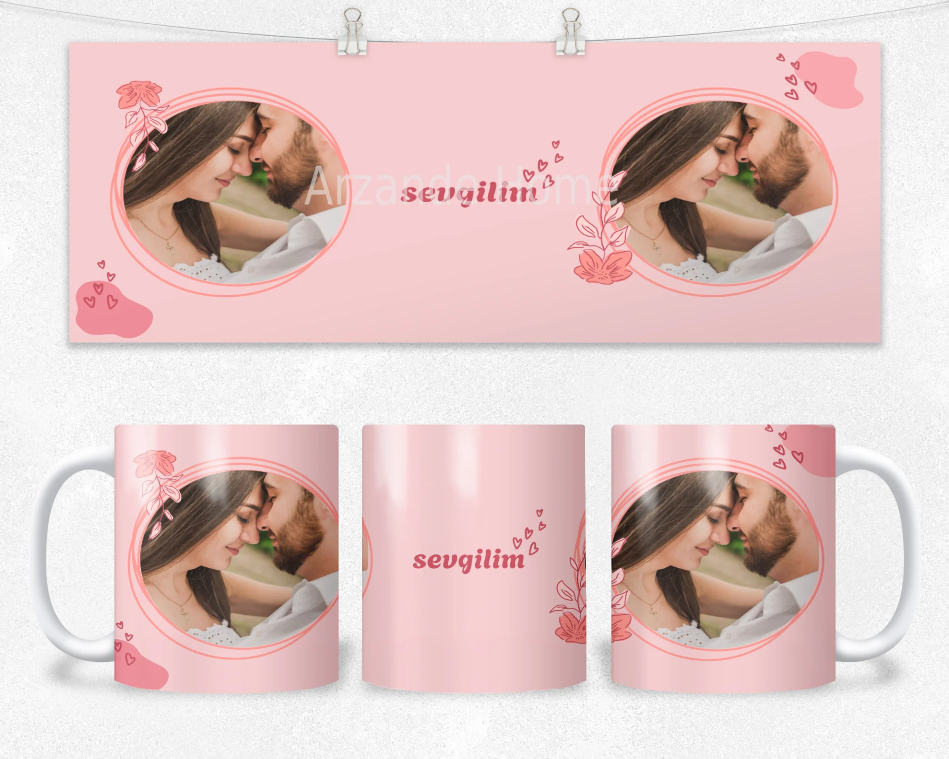 Pembe Çiçekli Sevgilim Termos Matara Bardak Özel Set - Görsel 2