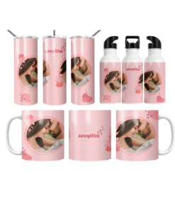 Pembe Çiçekli Sevgilim Termos Matara Bardak Özel Set