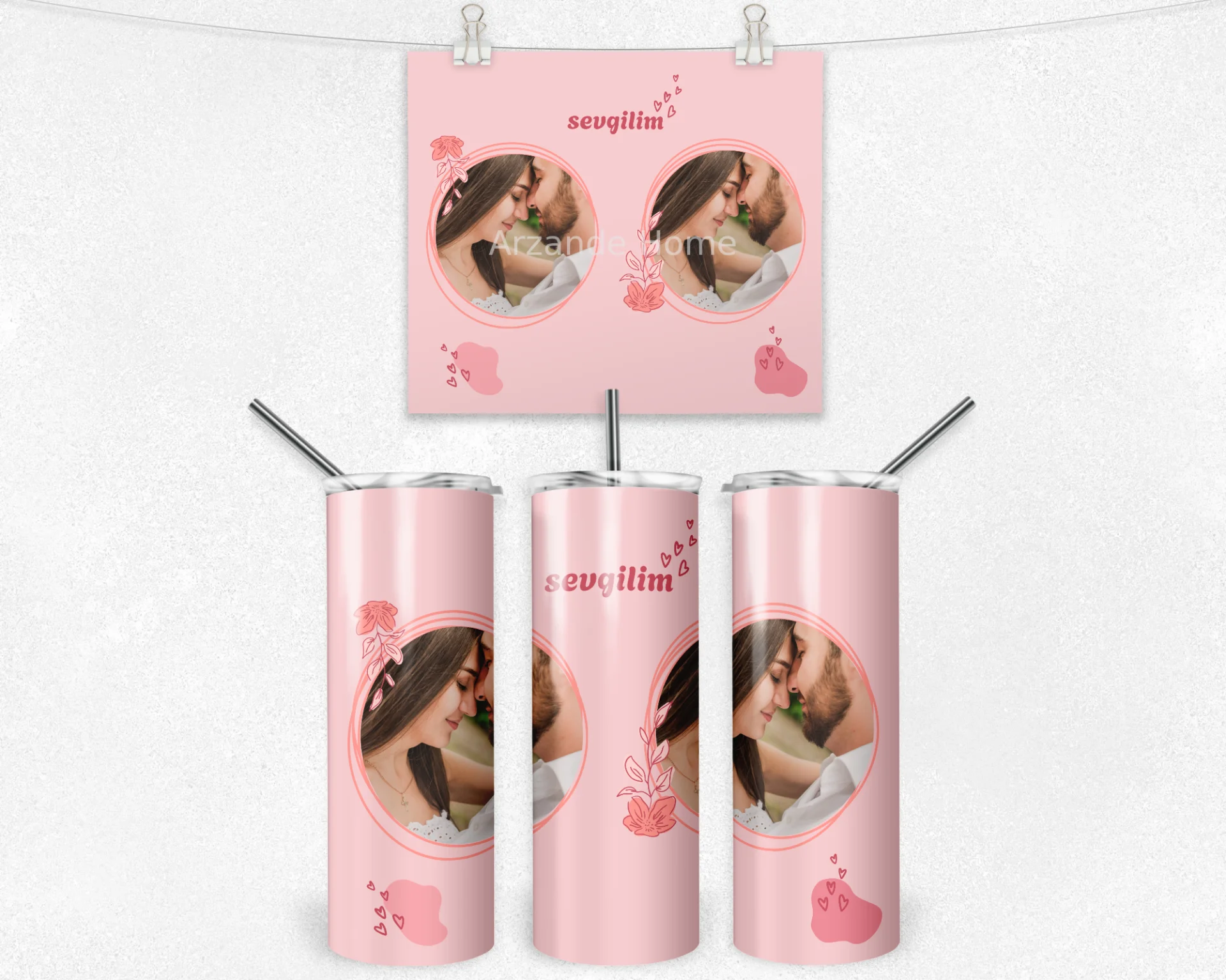 Pembe Çiçekli Sevgilim Termos Matara Bardak Özel Set - Görsel 4