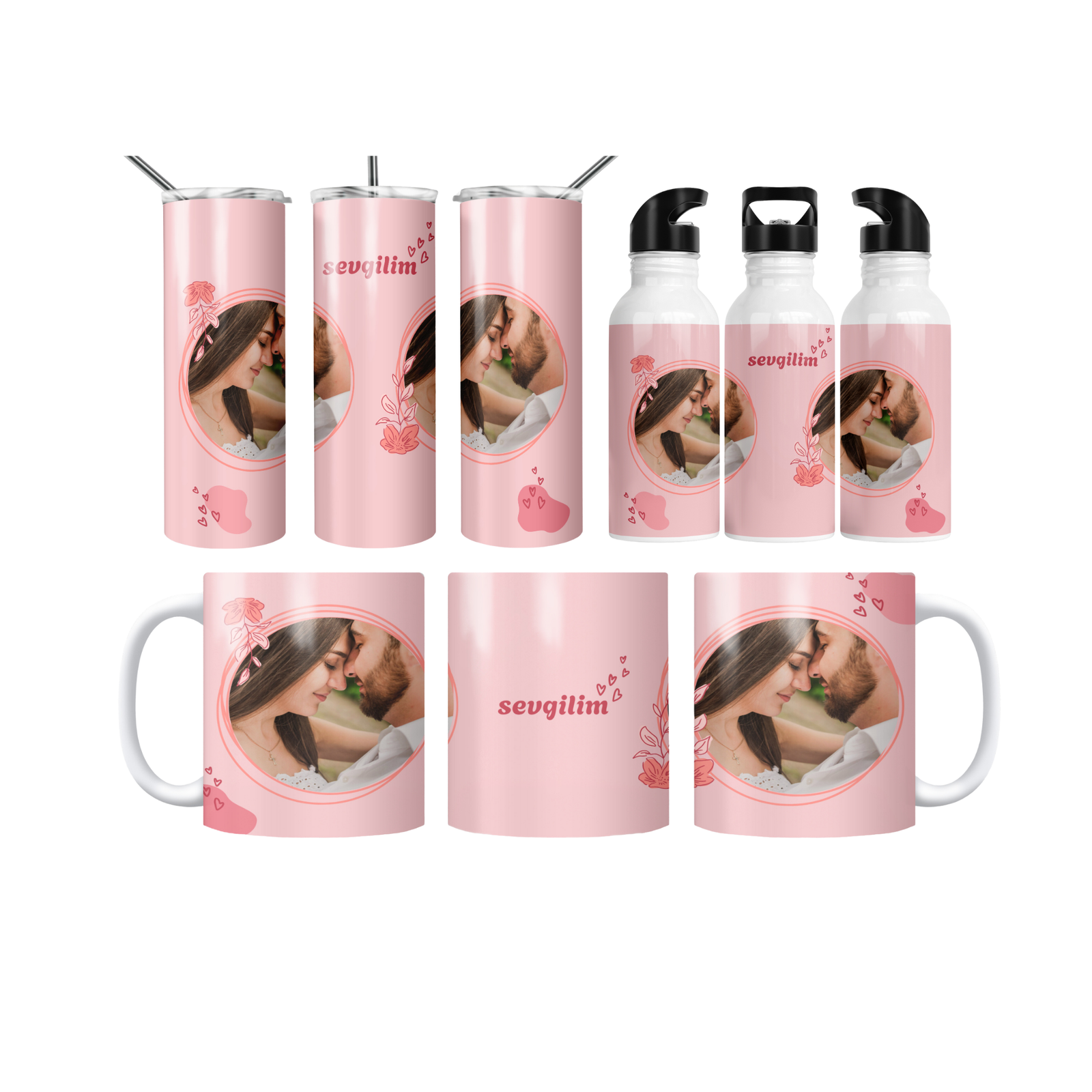 Pembe Çiçekli Sevgilim Termos Matara Bardak Özel Set