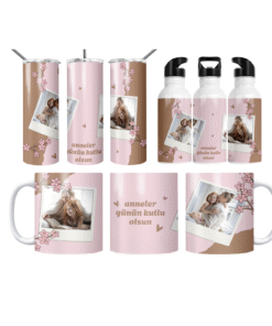 Kiraz Çiçeği Polaroid Anneler Günü Termos Matara Bardak Özel Set
