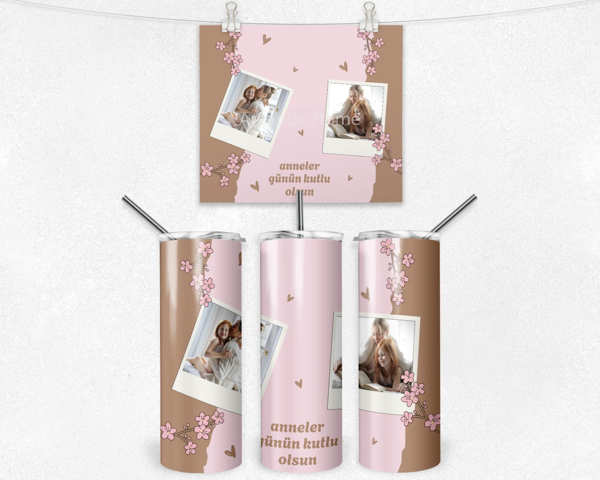 Kiraz Çiçeği Polaroid Anneler Günü Termos Matara Bardak Özel Set - Görsel 4