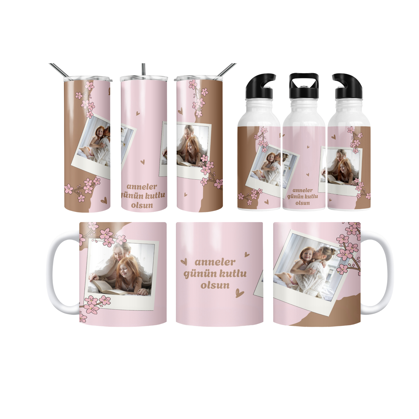 Kiraz Çiçeği Polaroid Anneler Günü Termos Matara Bardak Özel Set