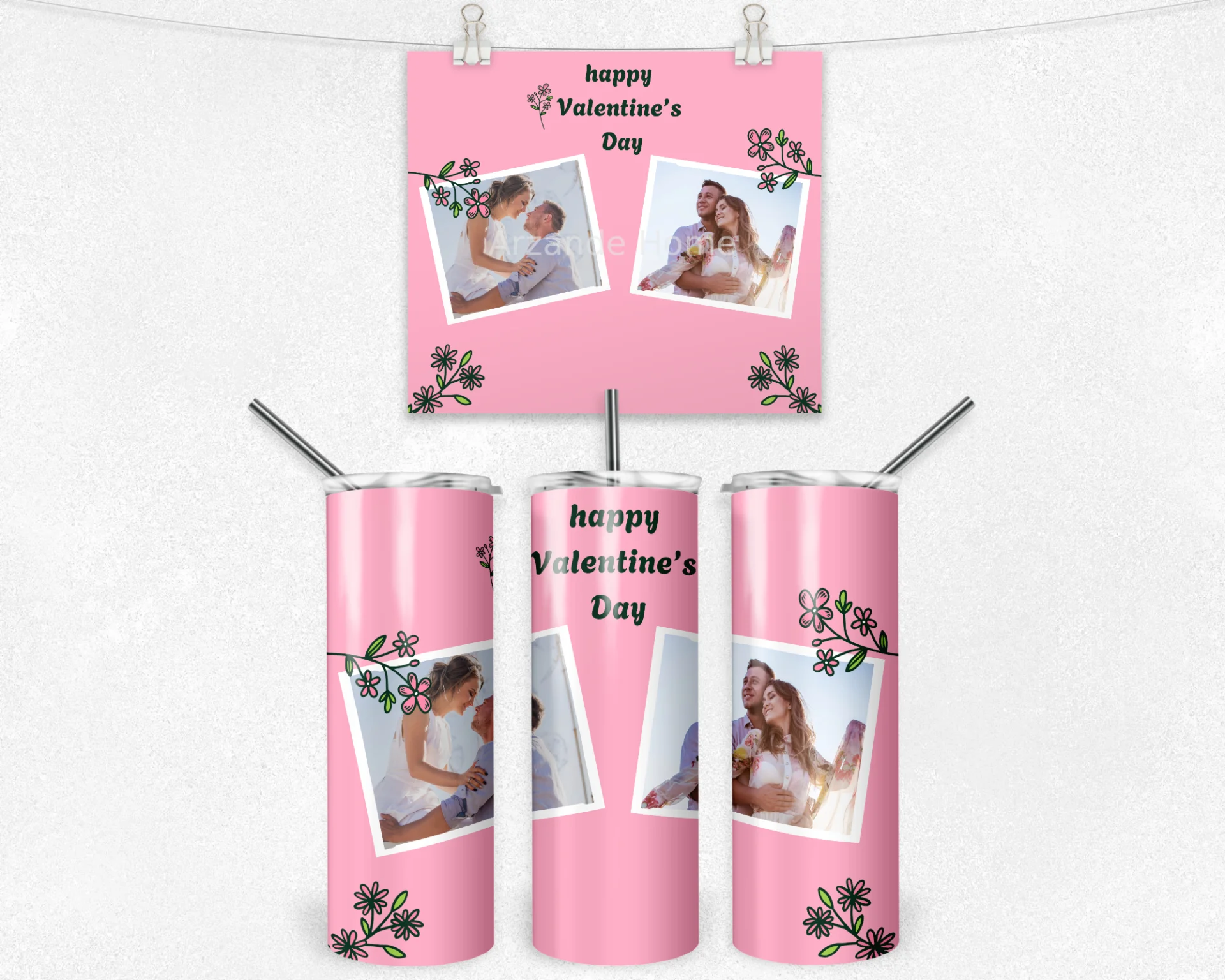 Çiçekli Polaroid Happy Valentine’s Day Termos Matara Bardak Özel Set - Görsel 4