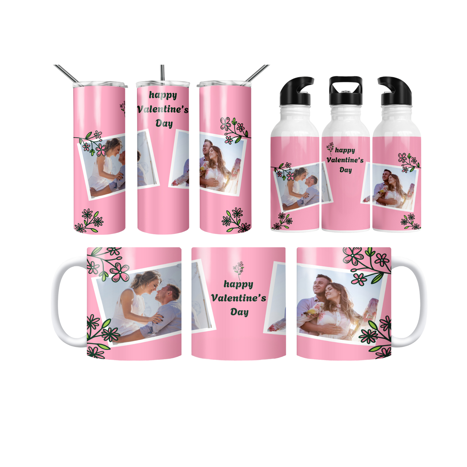 Çiçekli Polaroid Happy Valentine’s Day Termos Matara Bardak Özel Set