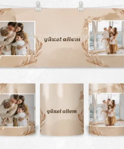 Alternative view of Bej Sulu Boya Çiçekli Güzel Ailem Termos Matara Bardak Özel Set