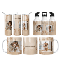 Bej Sulu Boya Çiçekli Güzel Ailem Termos Matara Bardak Özel Set