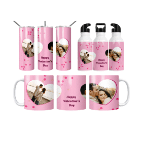 Pembe Konfeti Çift Kalp Happy Valentine’s Day Termos Matara Bardak Özel Set