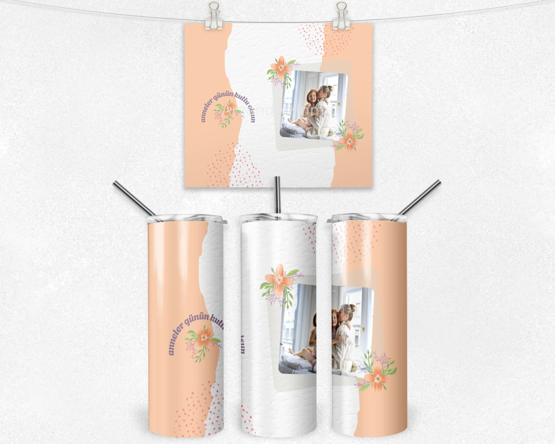 Şeftali Çiçekli Anneler Günün Kutlu Olsun Termos Matara Bardak Özel Set - Görsel 4