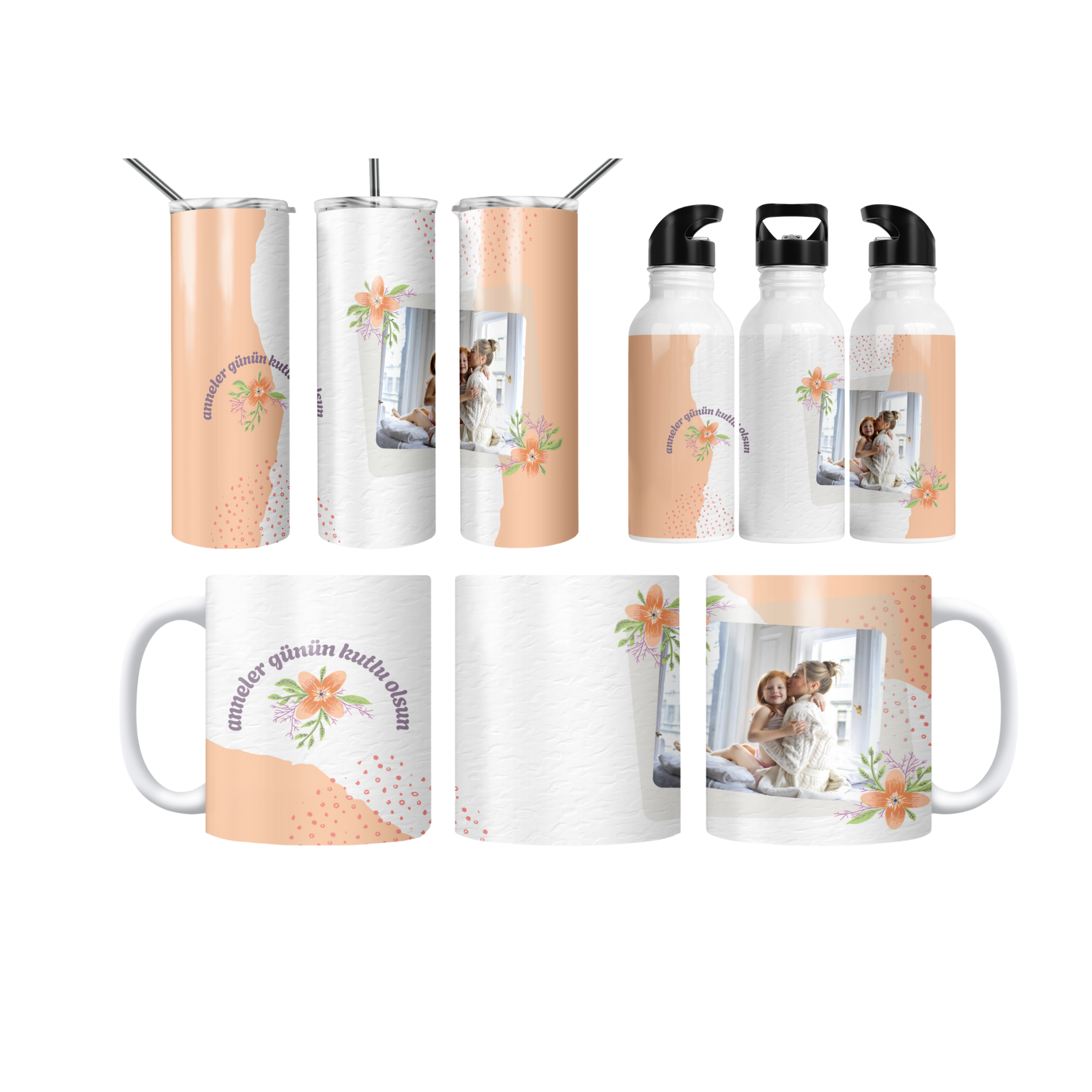 Şeftali Çiçekli Anneler Günün Kutlu Olsun Termos Matara Bardak Özel Set