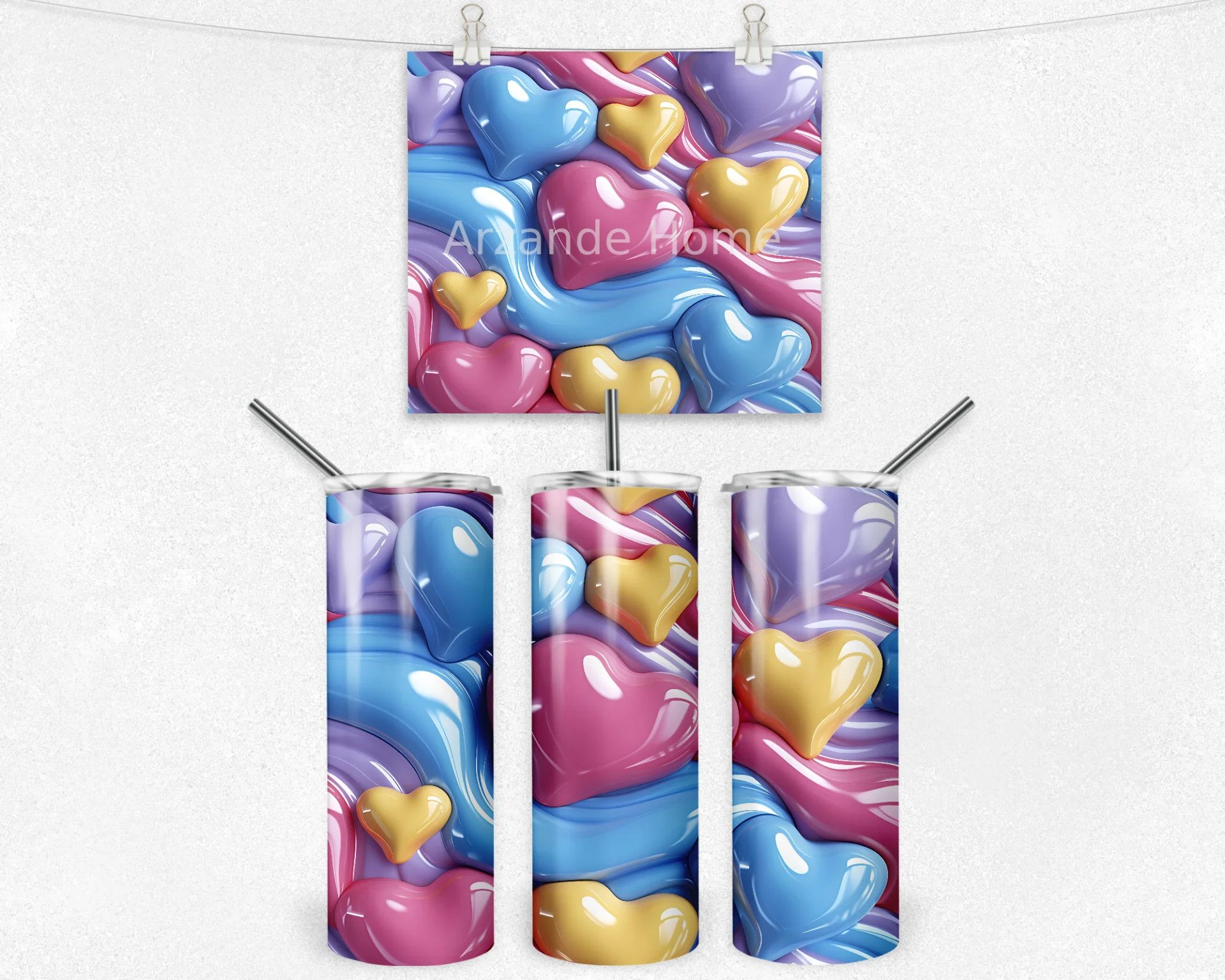 Renkli Kalp Dalgası 600 ML Çelik Termos