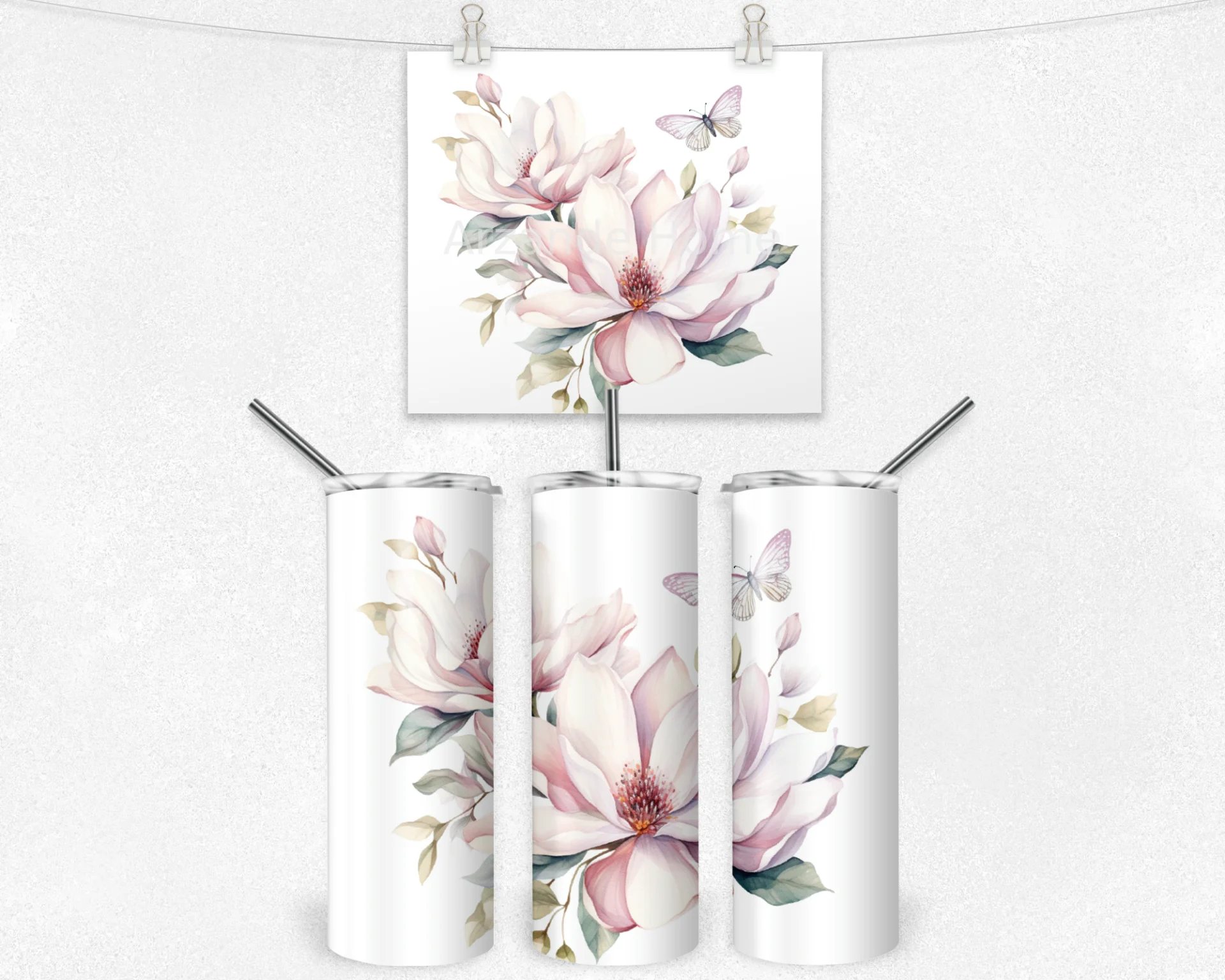 Kelebekli Pembe Çiçek 600 ML Çelik Termos