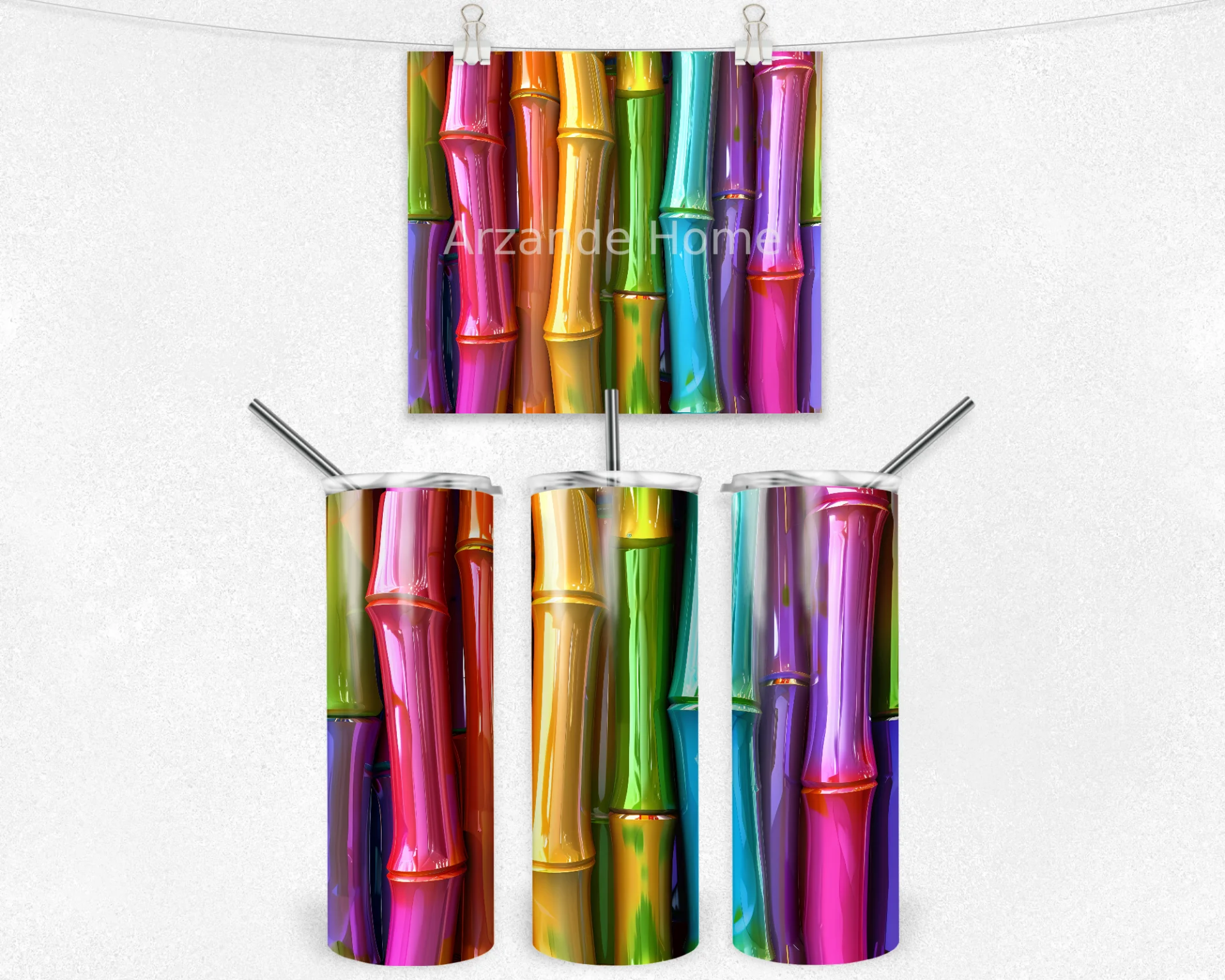 Parlak Renkli Bambu Desenli 600 ML Çelik Termos