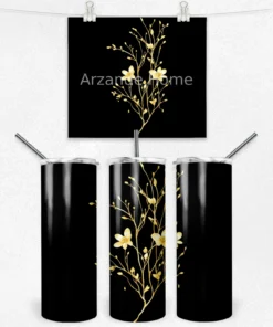 Siyah Zemin Üzerinde Altın Çiçek 600 ML Çelik Termos