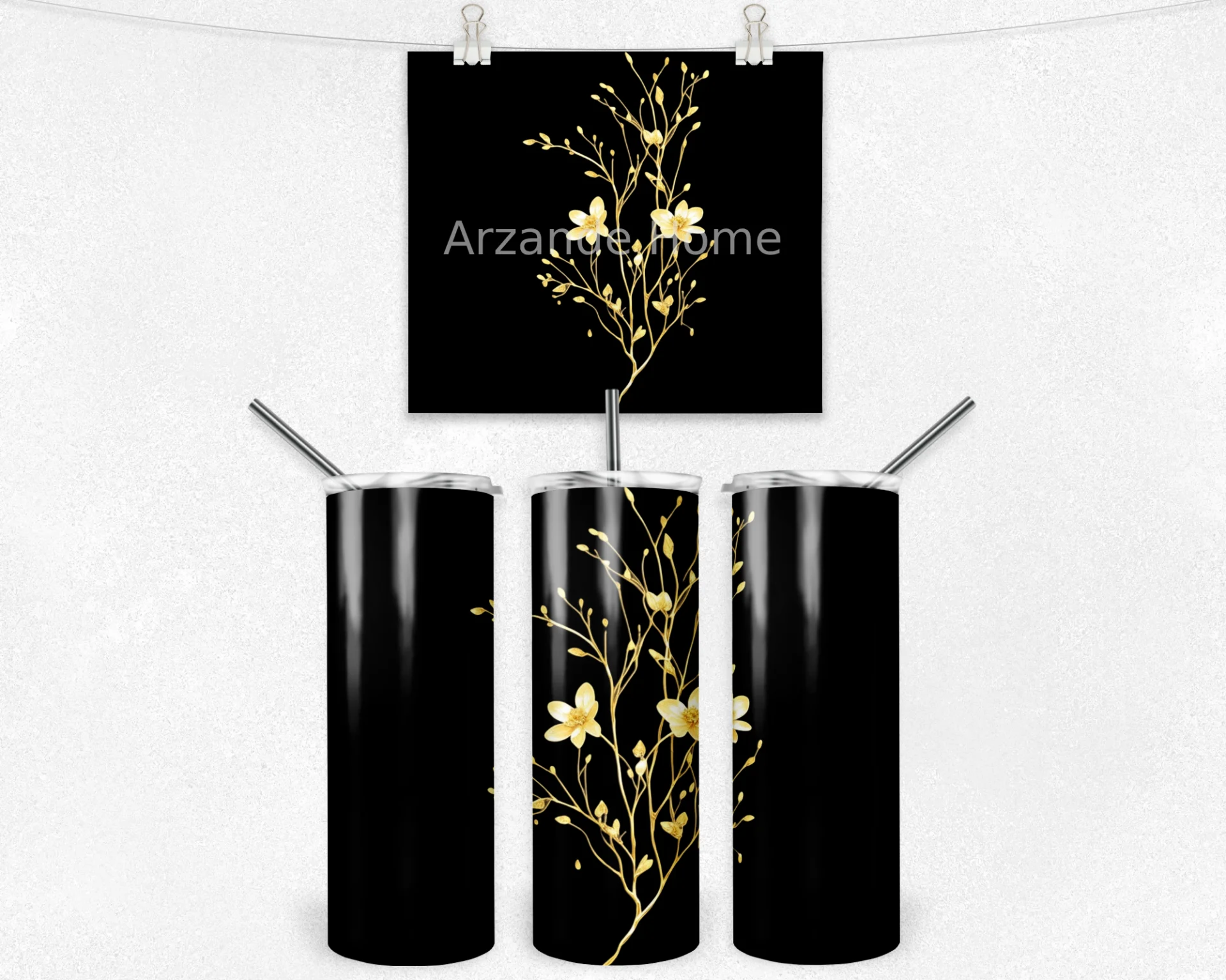 Siyah Zemin Üzerinde Altın Çiçek 600 ML Çelik Termos