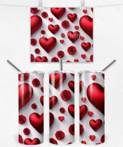 Kalpler ve Kırmızı Güller Desenli 600 ML Çelik Termos