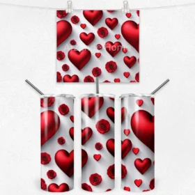 Kalpler ve Kırmızı Güller Desenli 600 ML Çelik Termos