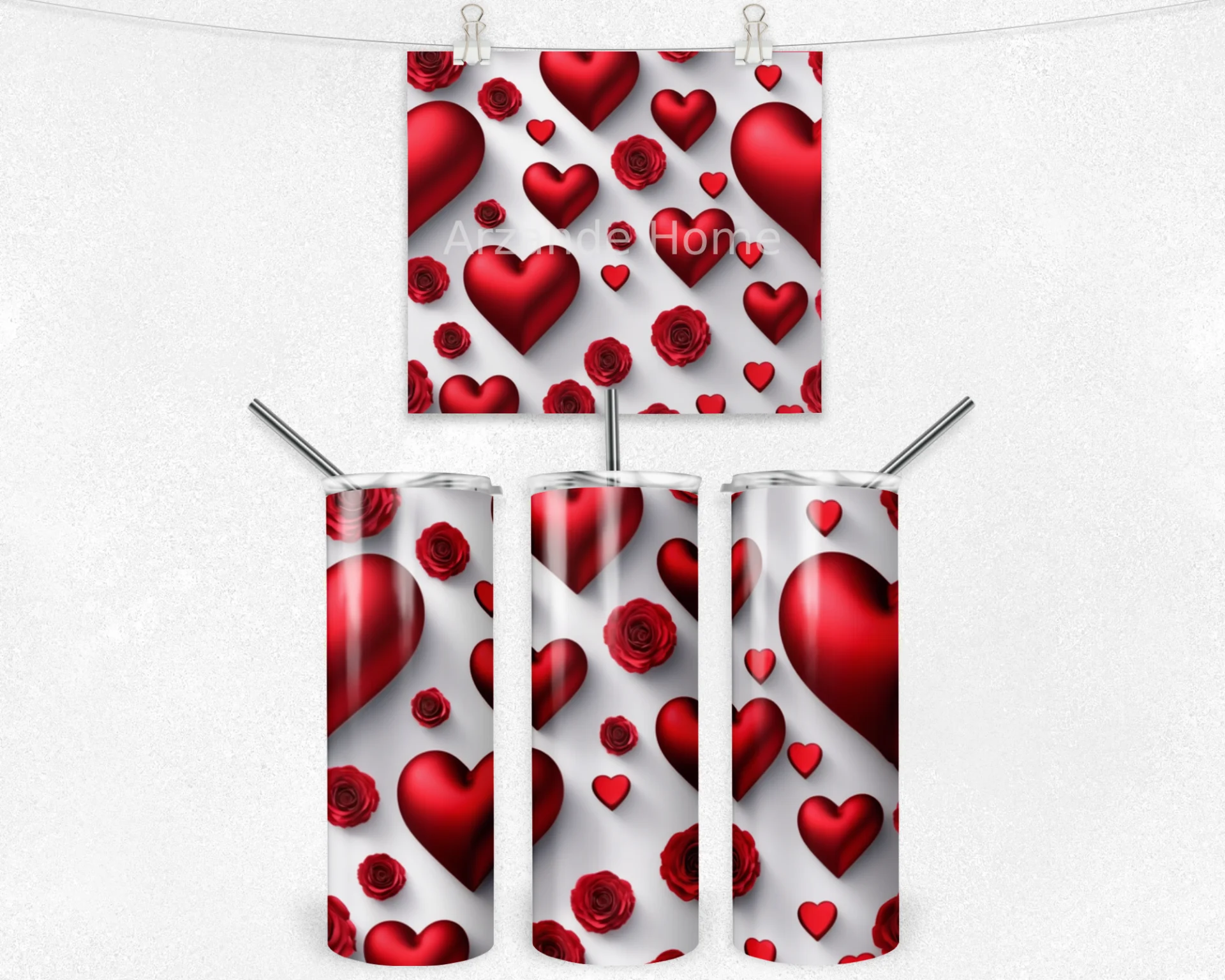 Kalpler ve Kırmızı Güller Desenli 600 ML Çelik Termos