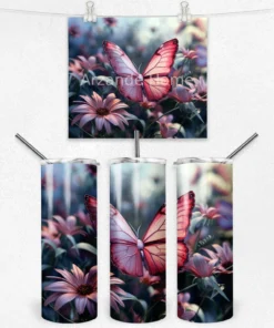 Çiçek Bahçesinde Pembe Kelebek Termos Matara 600 ml