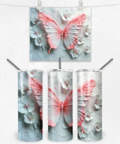 Beyaz Çiçekler Üzerinde Pembe Kelebek Termos Matara 600 ml