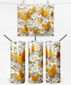 Sarı Kelebek ve Papatya Desenli Termos Matara 600 ml