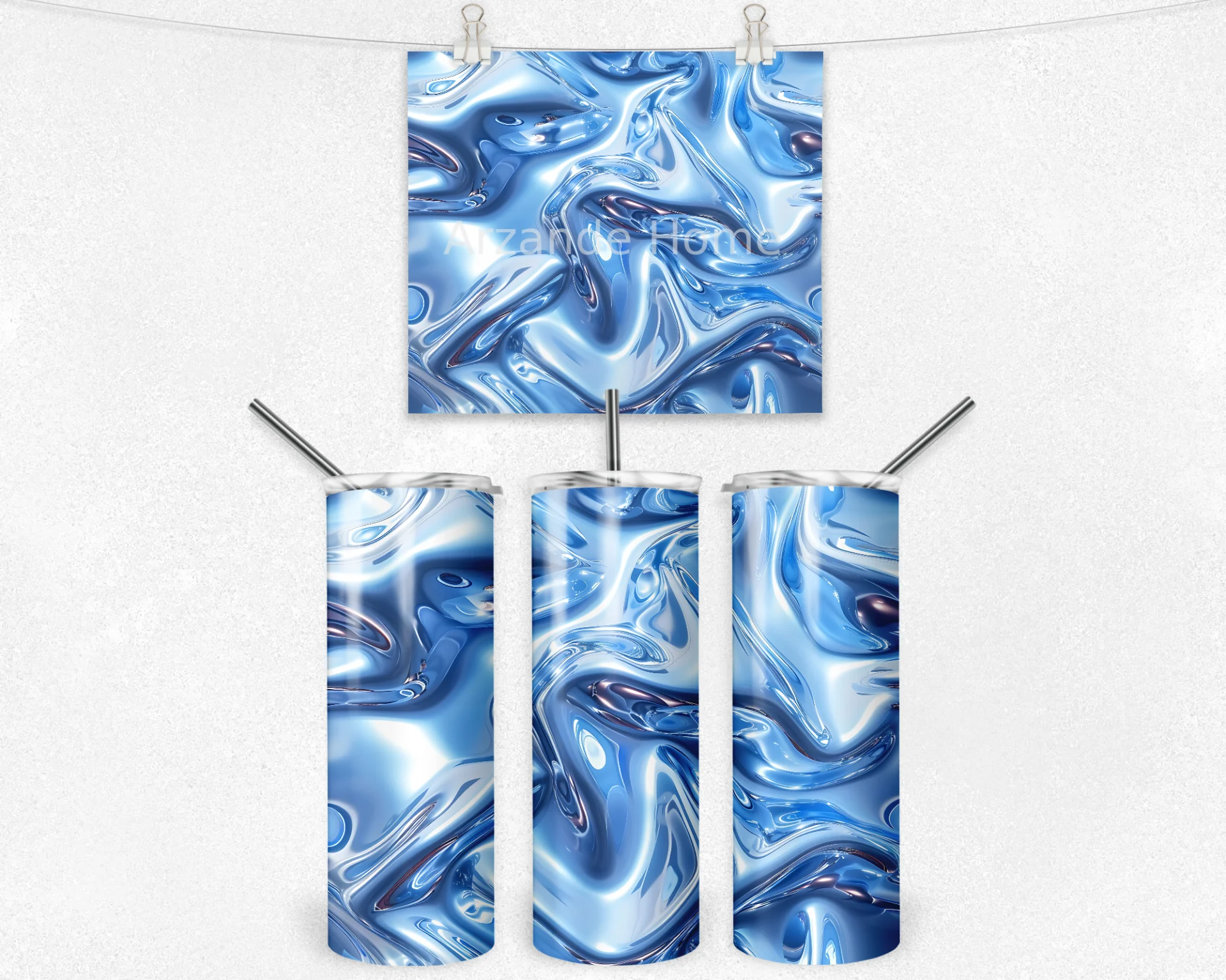 Mavi Akışkan Desenli Termos Matara 600 ml