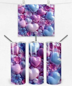 Kalp ve Çiçek Desenli Pembe-Mor Termos Matara 600 ml