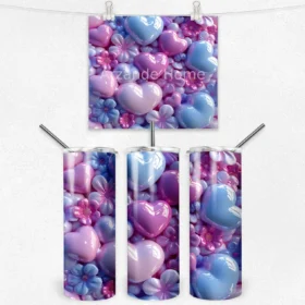 Kalp ve Çiçek Desenli Pembe-Mor Termos Matara 600 ml