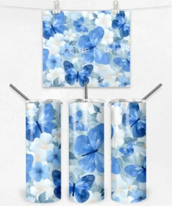 Mavi Kelebek ve Çiçek Desenli Termos Matara 600 ml