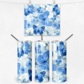 Mavi Kelebek ve Çiçek Desenli Termos Matara 600 ml