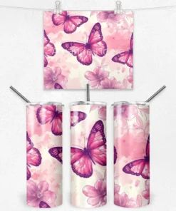 Pembe Çiçekler ve Kelebekler 600 ML Çelik Termos