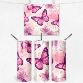 Pembe Çiçekler ve Kelebekler 600 ML Çelik Termos