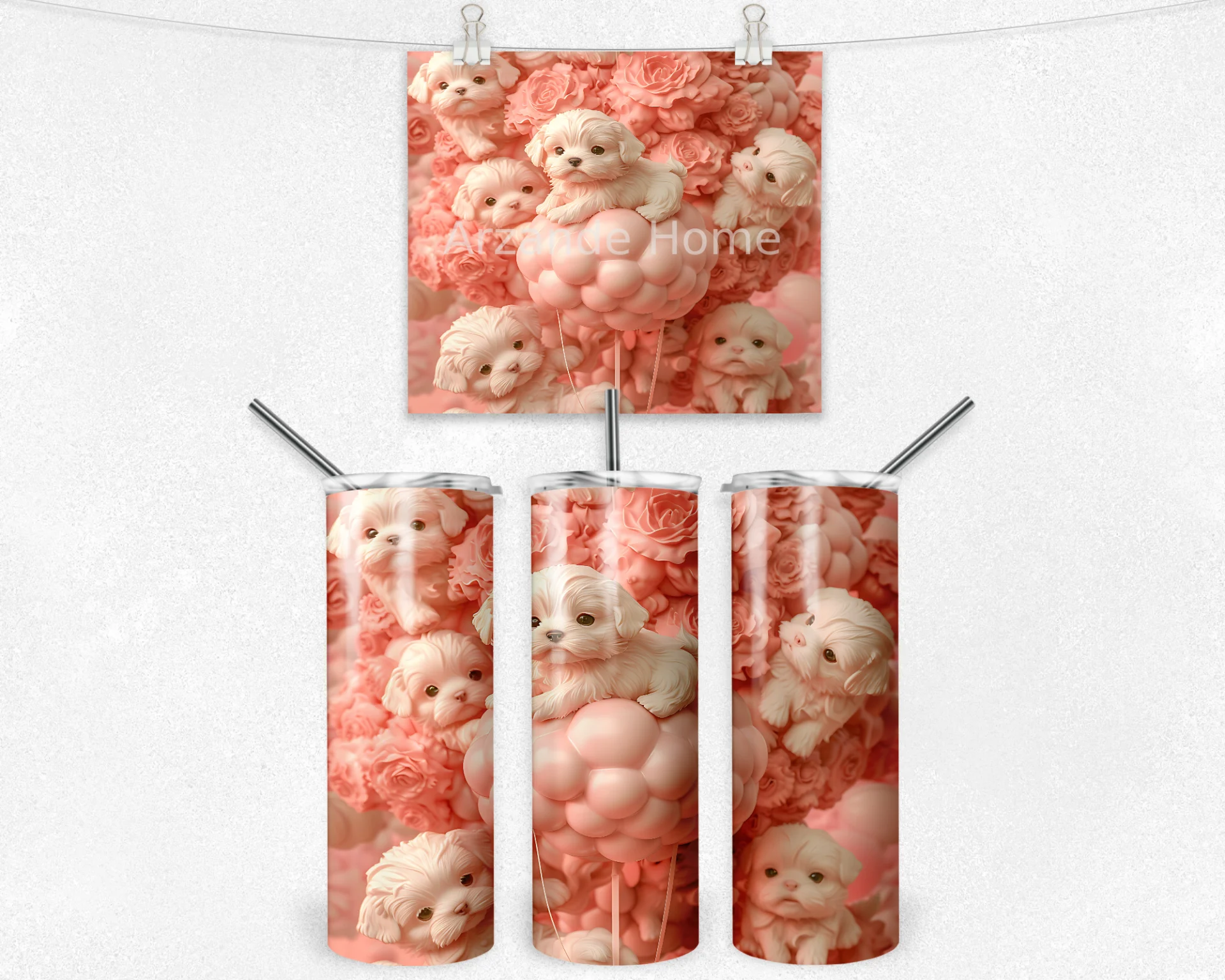 Pembe Çiçekler Arasında Köpekler 600 ML Çelik Termos