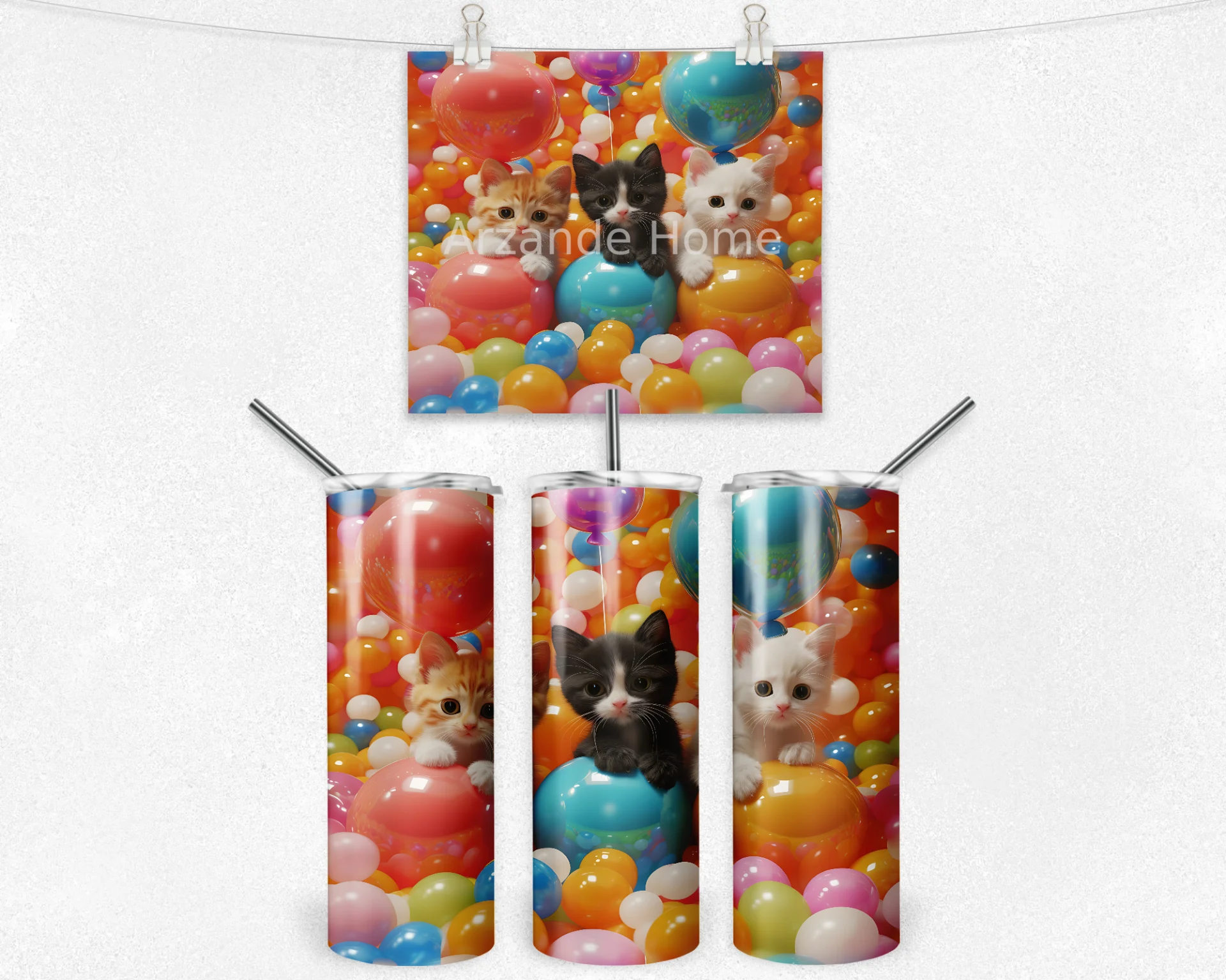 Renkli Balonlu Kediler 600 ML Çelik Termos