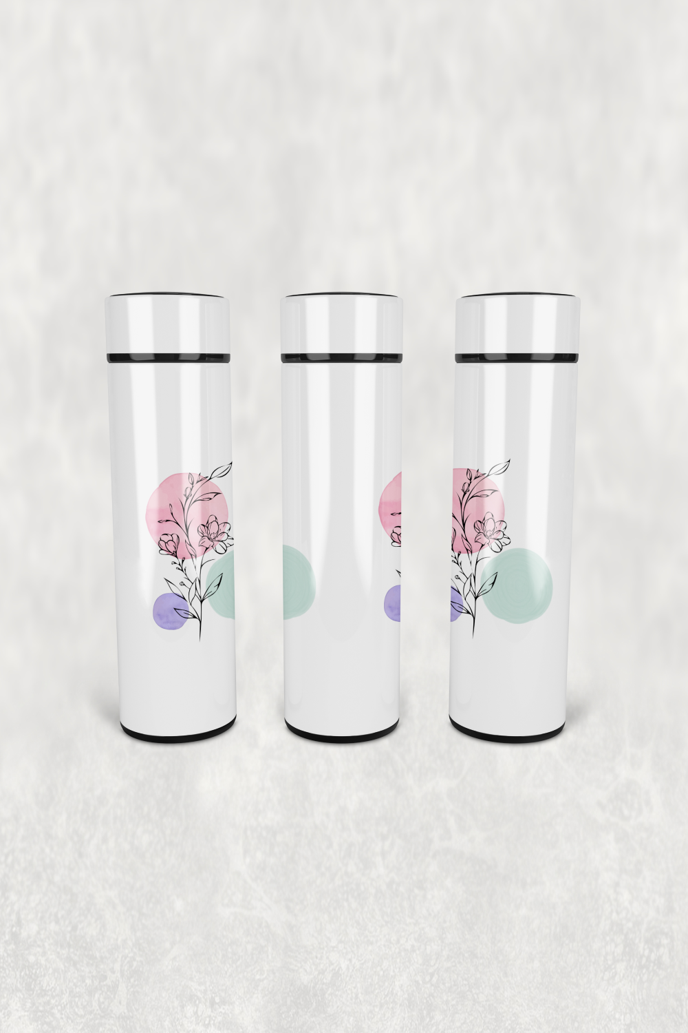 Renkli Çiçek Daire Led Derece Göstergeli Paslanmaz Çelik Termos 500 ML