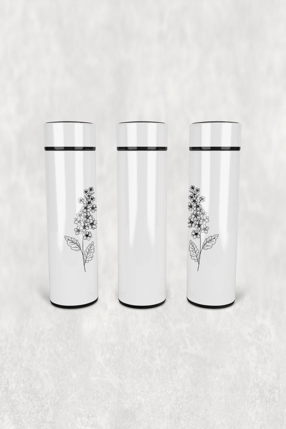 Siyah Beyaz Çiçek Led Derece Göstergeli Paslanmaz Çelik Termos 500 ML