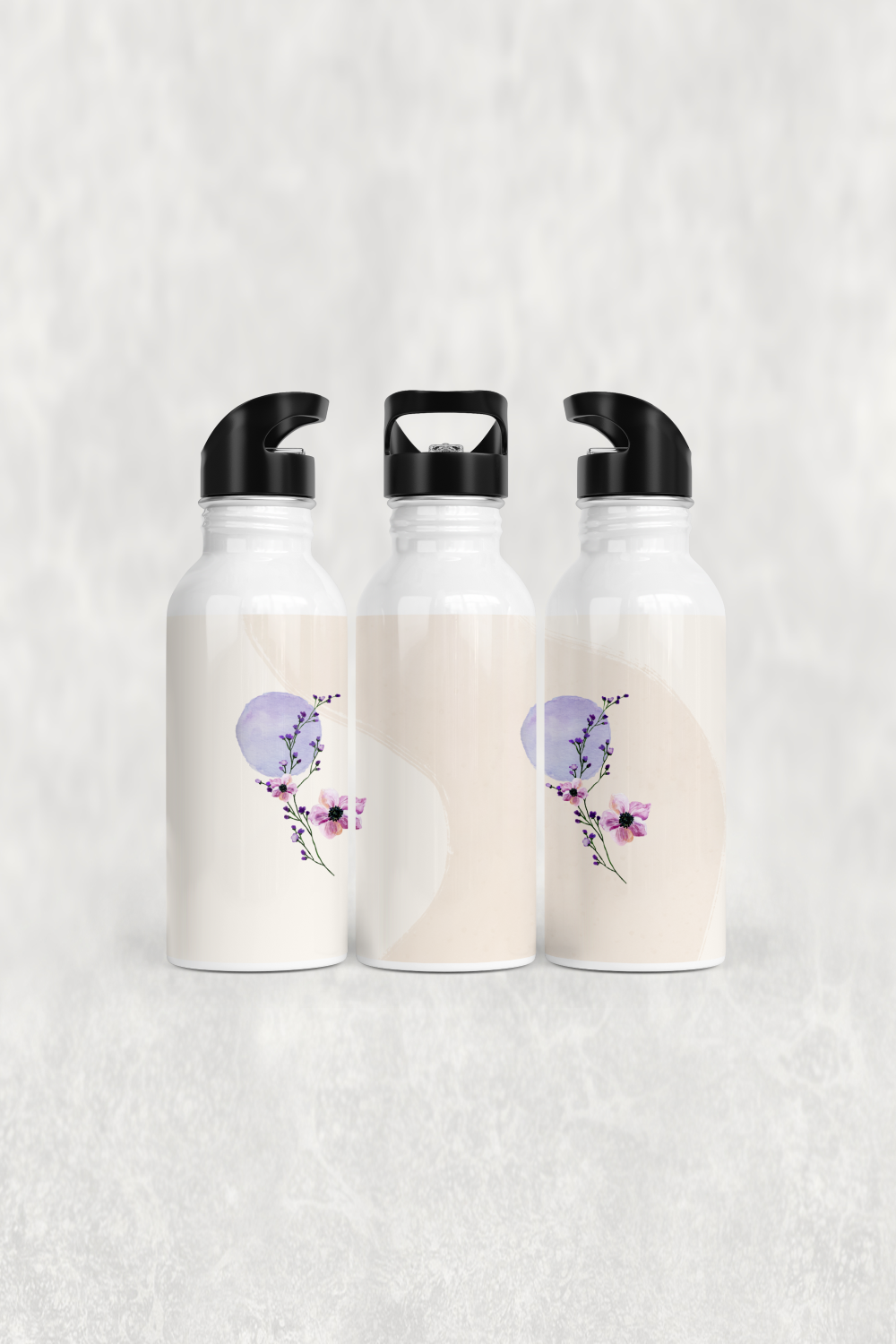 Mor Tonlu Zarif Çiçek Alüminyum Pipetli Matara 600 ML