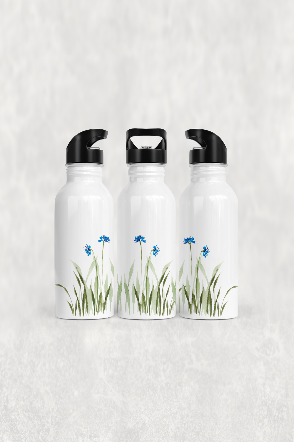 Mavi Çiçekli Çayır Alüminyum Pipetli Matara 600 ML