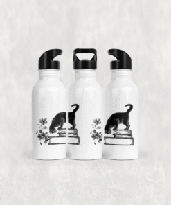 Kitap ve Çiçek Desenli Retro Kedi Alüminyum Pipetli Matara 600 ML