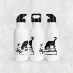 Kitap ve Çiçek Desenli Retro Kedi Alüminyum Pipetli Matara 600 ML