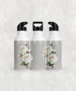 Beyaz Zarif Gül Buketi Alüminyum Pipetli Matara 600 ML