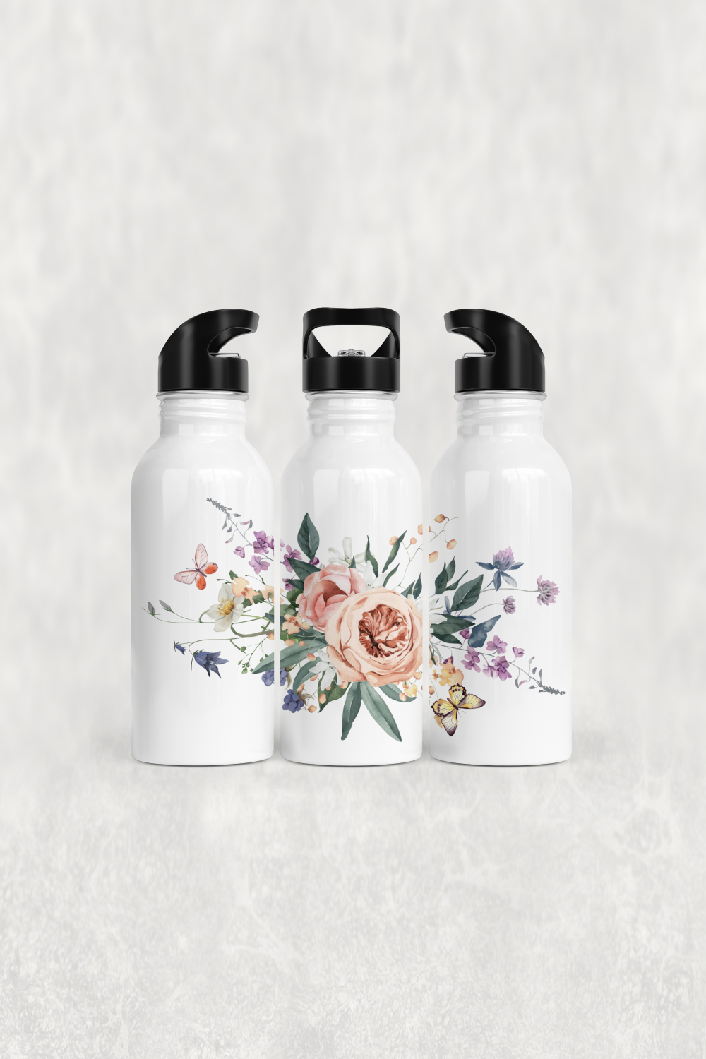 Kelebekli Çiçek Bahçesi Alüminyum Pipetli Matara 600 ML